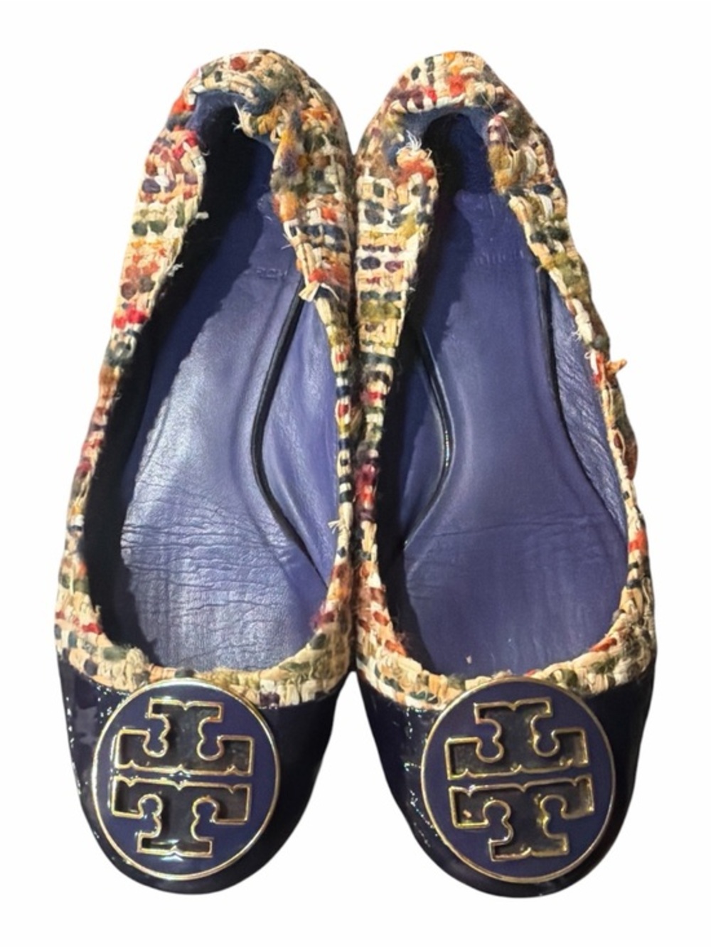 Tory Burch Navy Leather Logo Ballet Flats with Multicolor Tweed Trim